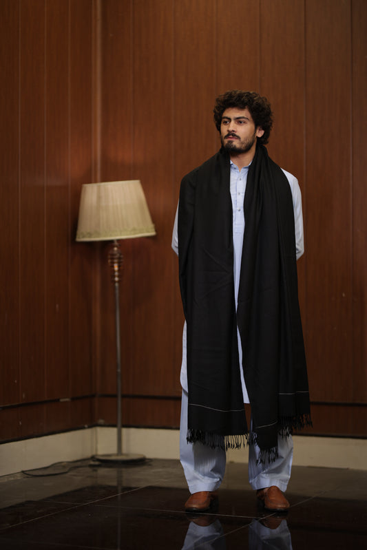 PREMIUM QUALITY STRIPED JET BLACK PURE WOOLEN SHAWL
